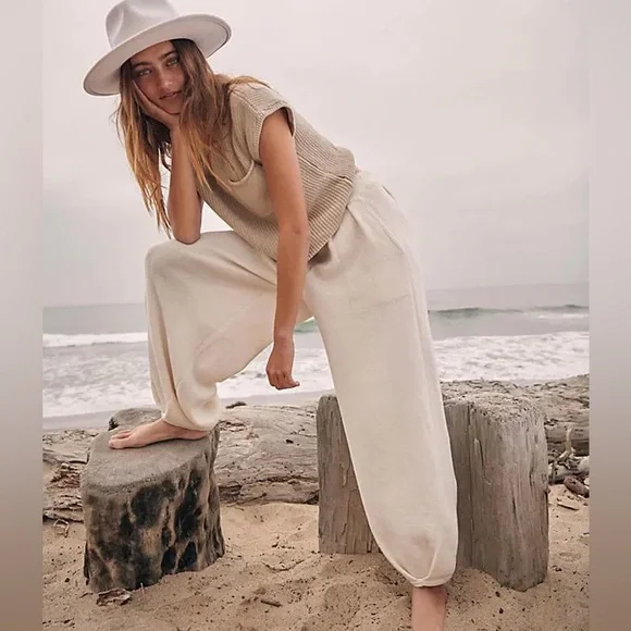 Free People Beach Freya Sweater Set Knit Pants and Top Cream Tan Vacation Set - Picture 3 of 12